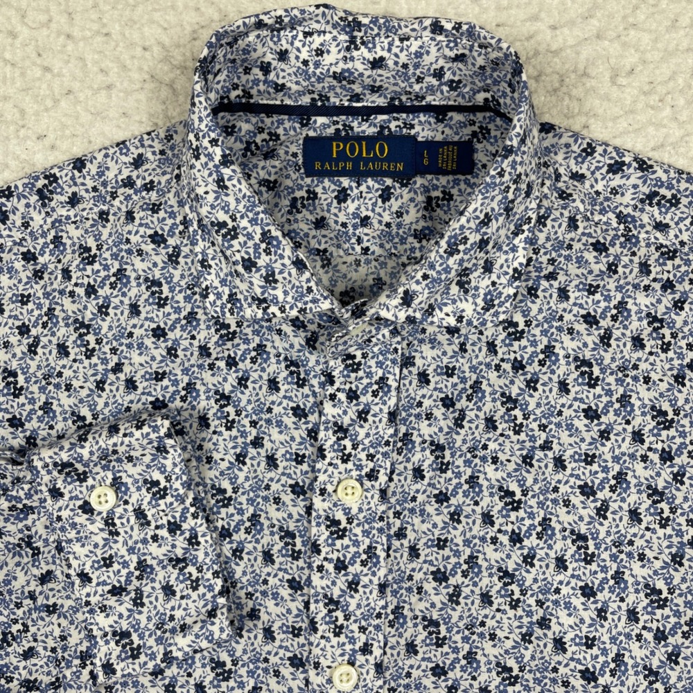 Polo Ralph Lauren Button Down Shirt Mens Large Blue Floral Ditsy Preppy Coastal